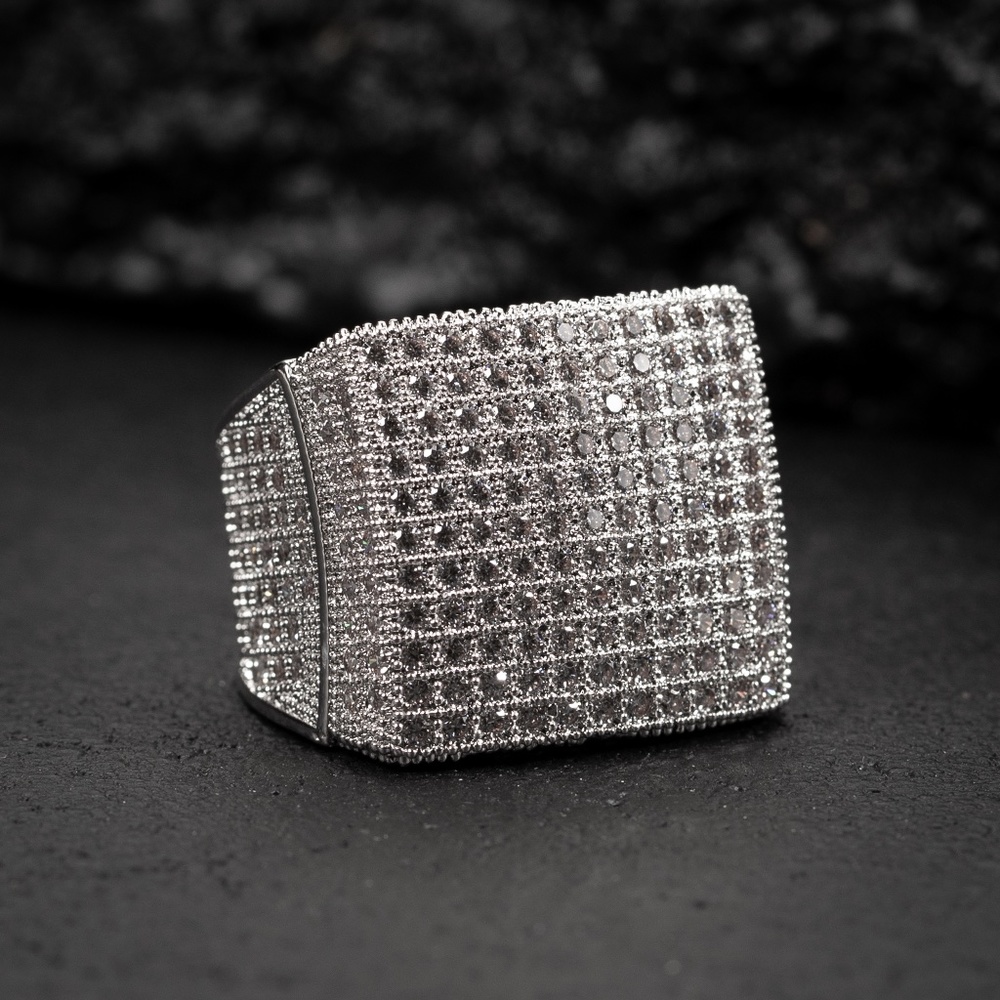 Men's White Gold Plated Iced Cz Micro Pave Large Hip Hop Statement Pinky Ring
